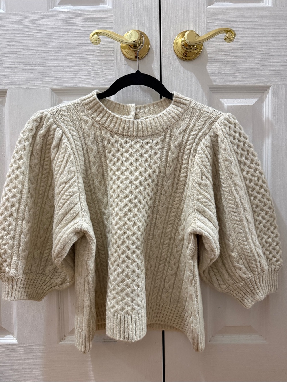 Maeve Cream Cable Knit Balloon Sleeve Sweater